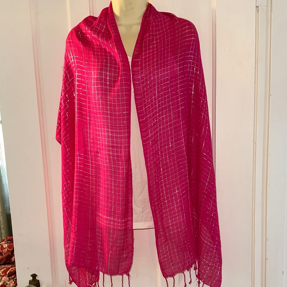 Bright Pink Thin Scarf/Shawl  with Silver Metallic‎ Threads & Fringe Hem